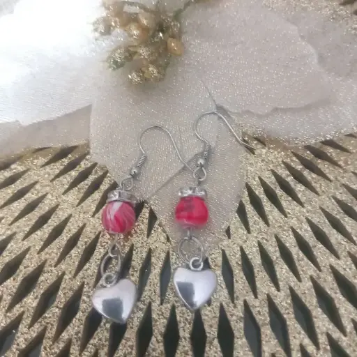 Boucles d'oreilles Cœur - Pierre Naturelle Agate rouge  et Strass