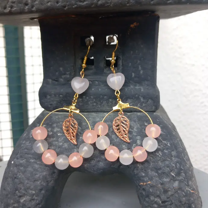 Romantic hoop earrings - Pink Quartz Heart - Leaf