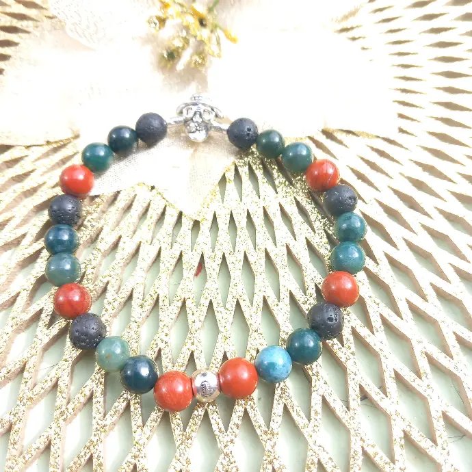 Men's Head Bracelet - Lava Stone - Red Stone Jasper - Moss Agate