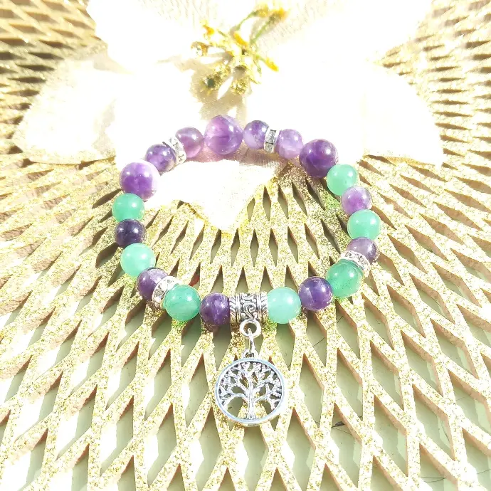 Brilliant Bracelet Tree of Life Wisdom and Tranquility - Natural Stones Aventurine and Amethyst