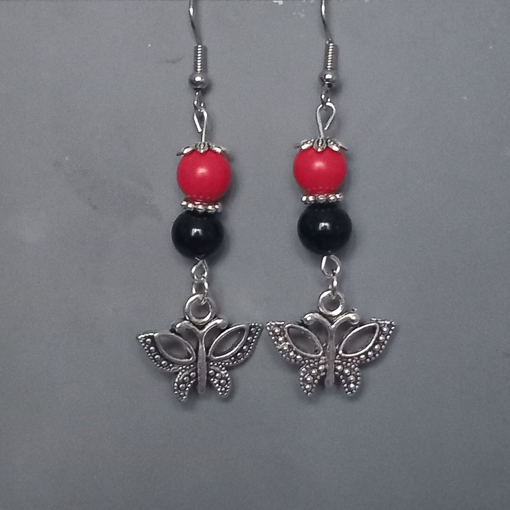 Boucles d'oreilles papillon Rouge et noir- Perles Onyx et cinabre