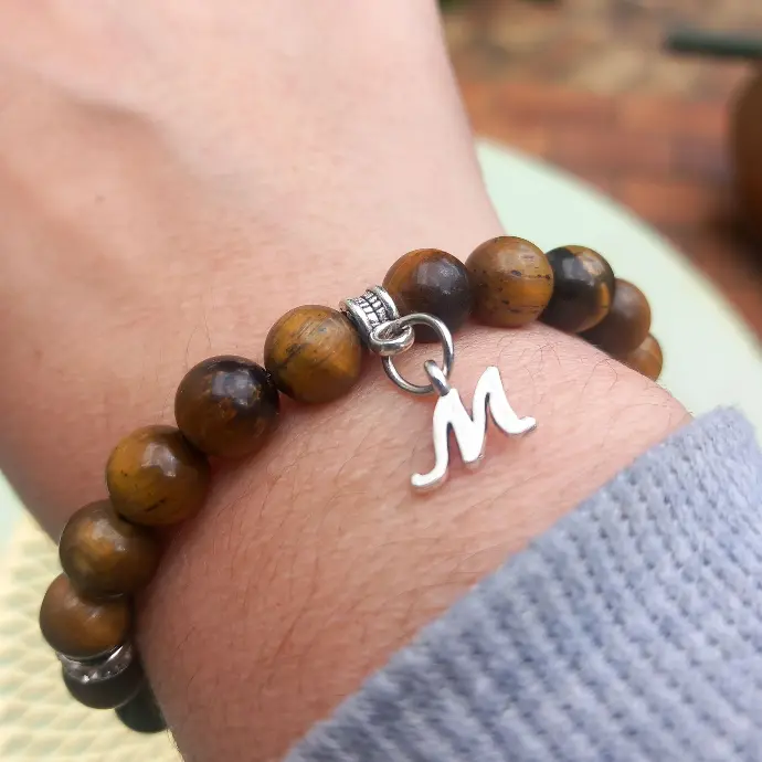 Bracelet Lettre au choix - Oeil de tigre