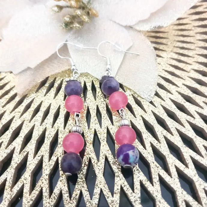 Boucles d'oreilles Simple - Lépidolite Violet et quartz rose