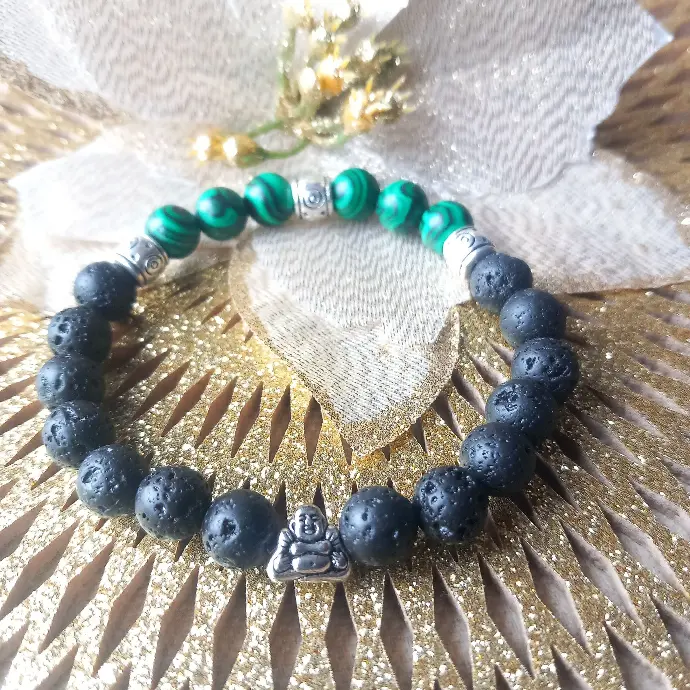 Bracelet bouddha Noir et vert- Pierre de lave - Malachite