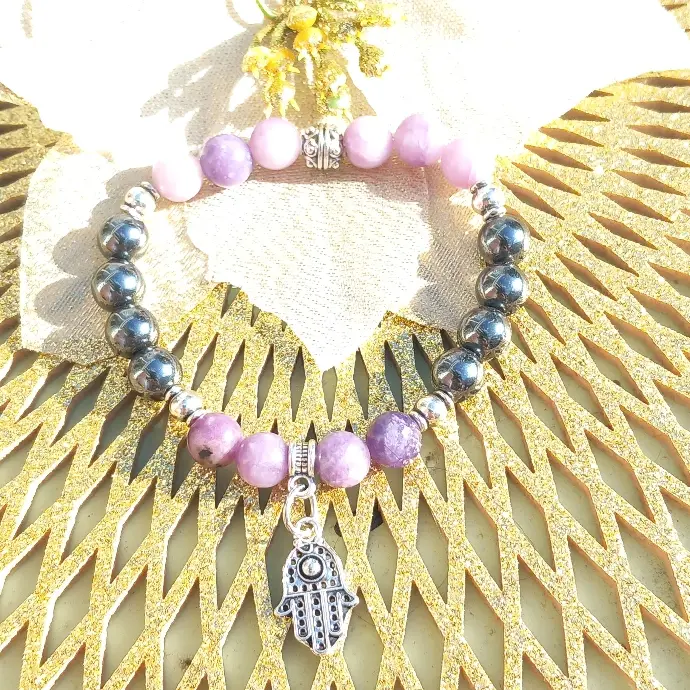 Bracelet main de fatma (Khamsa) - Pierres Naturelles hématite et lépidolite