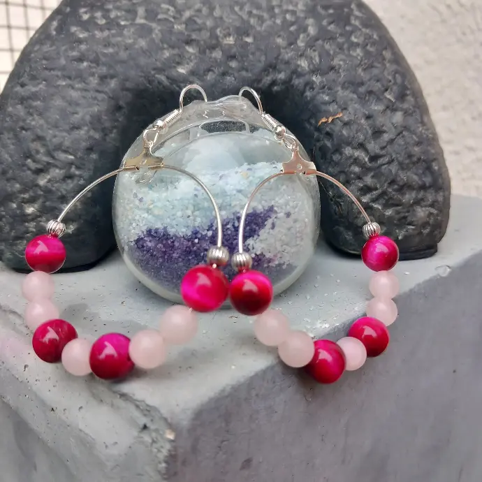 Simple Pink and Red Hoop Earrings - Natural Stones Tiger's Eye and Rose Quartz