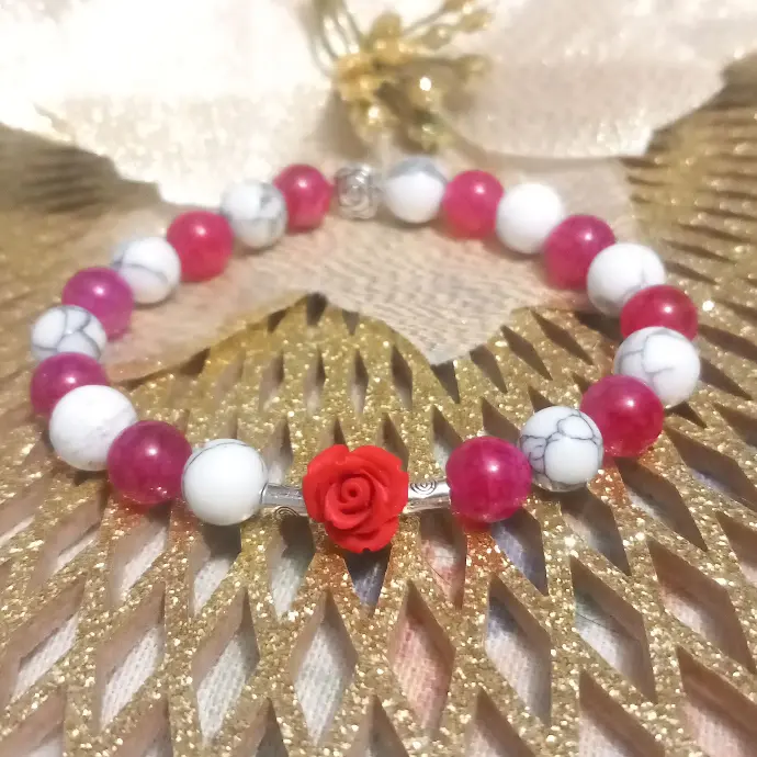 Bracelet Fleur Rose rouge Passion - Pierres Naturelles Agate veine de dragon rouge et Howlite