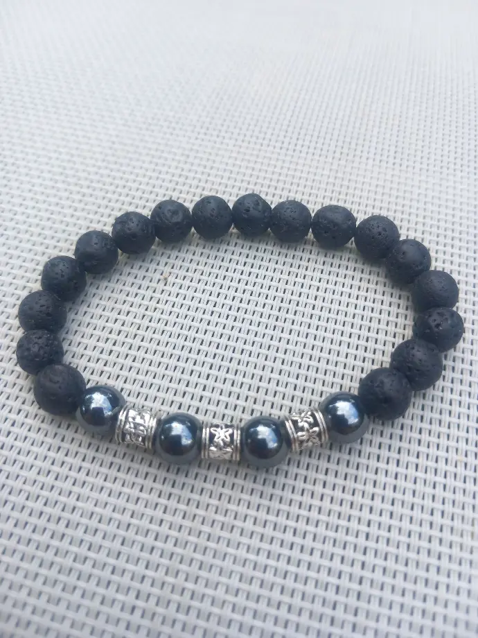 Simple Hematite and Lava Stone Men's Bracelet