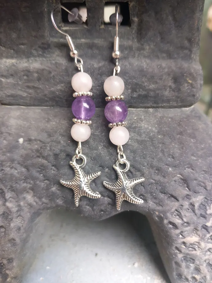 Boucles d'oreilles étoile de mer - Améthyste et Quartz rose