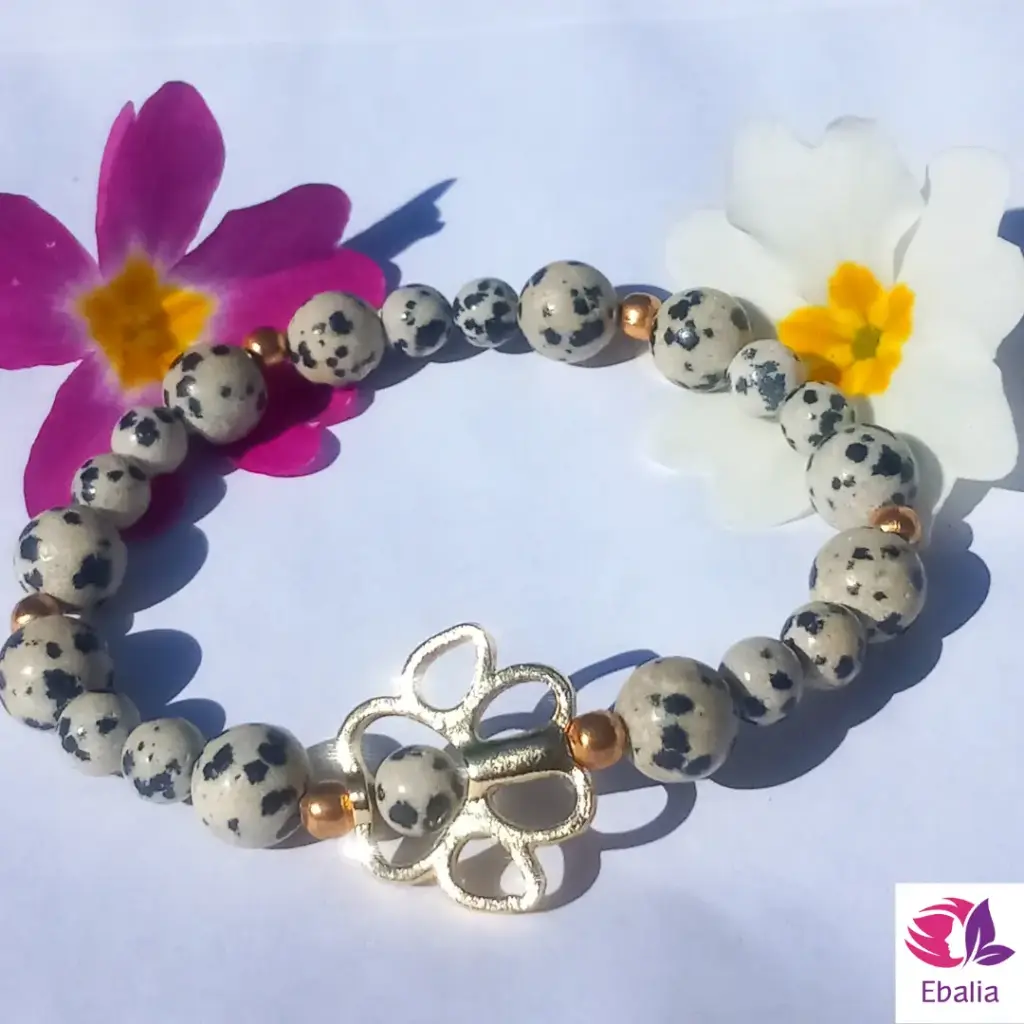 Bracelet patte de chien / chat Jaspe Dalmatien Noir et blanc
