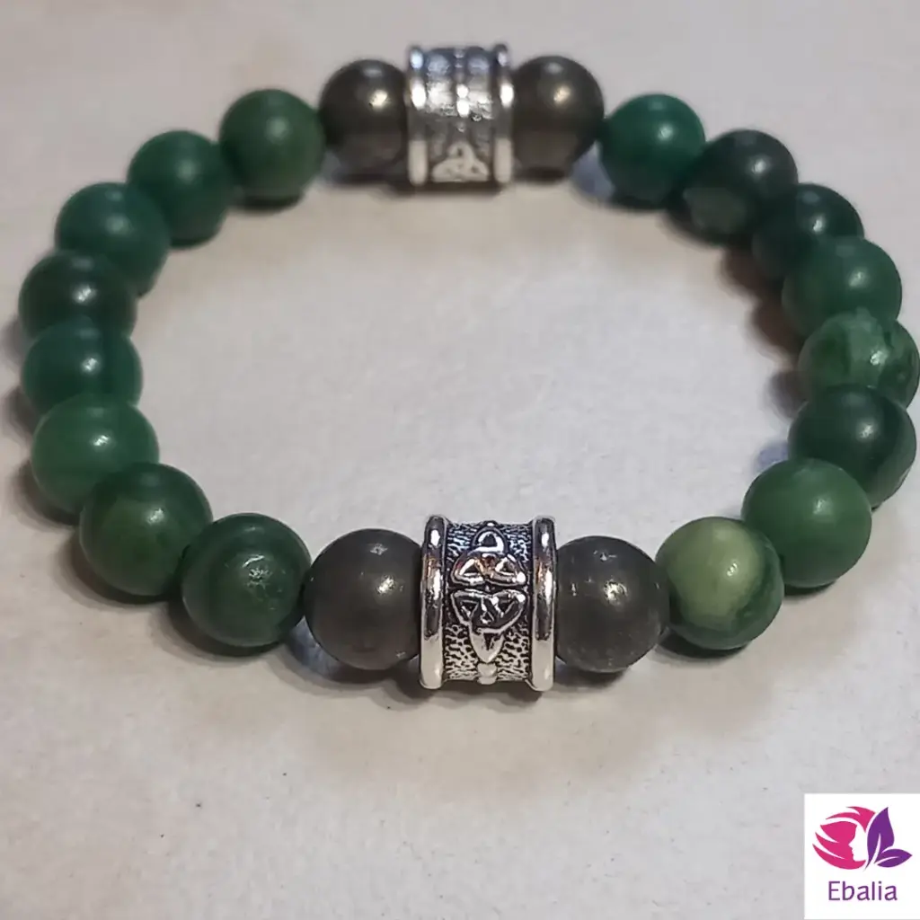 🍀✨ Bracelet Celtique - Triquetra, Jade Africain & Pyrite ✨🍀