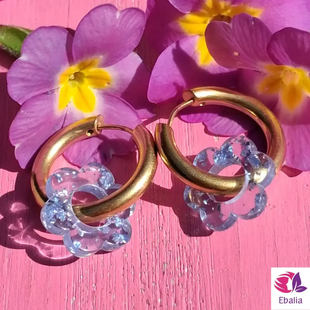 Boucles d'oreilles Créoles  Fleur Bleu Cristalline Pailletée