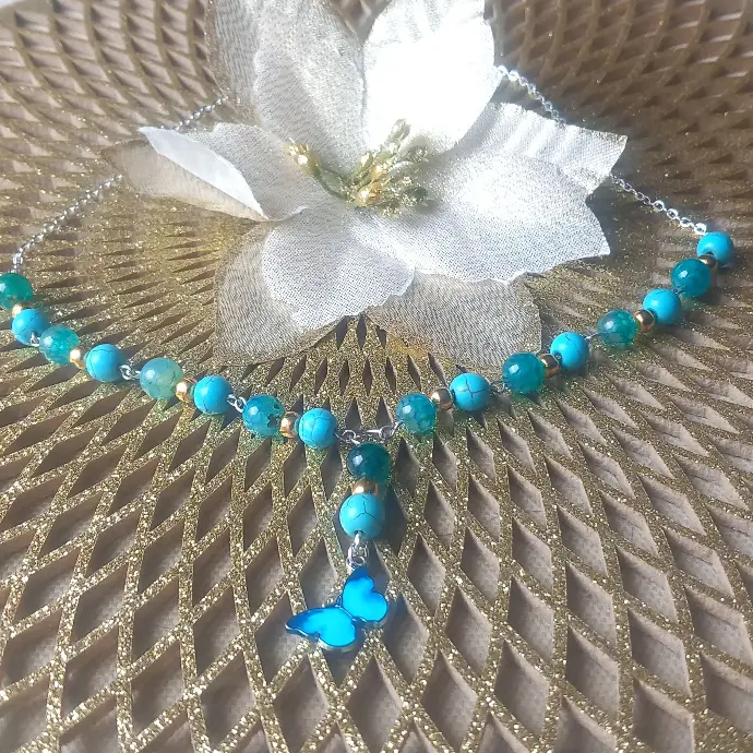 Blue Butterfly Necklace - Natural Stones Agate Dragon Vein and Howlite