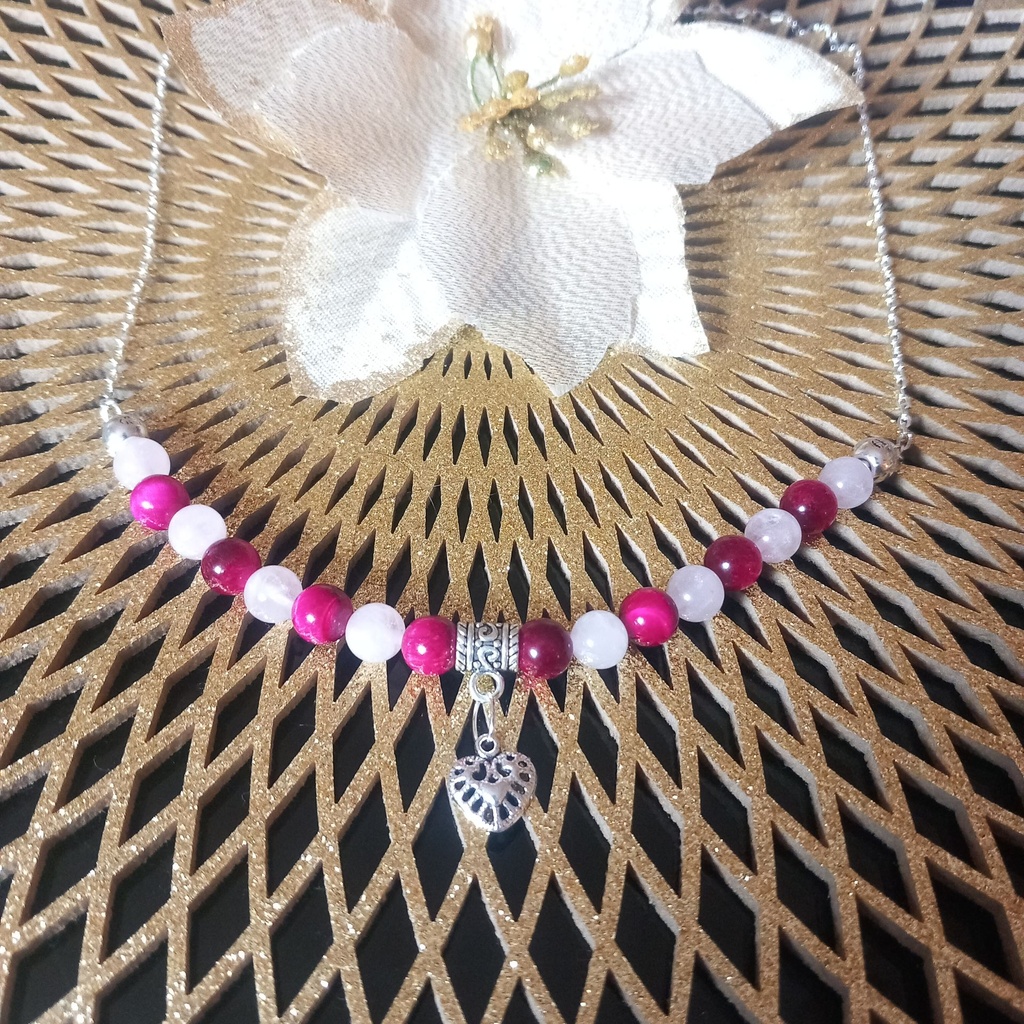 Heart Necklace - Natural Stones Tiger's Eye and Rose Quartz