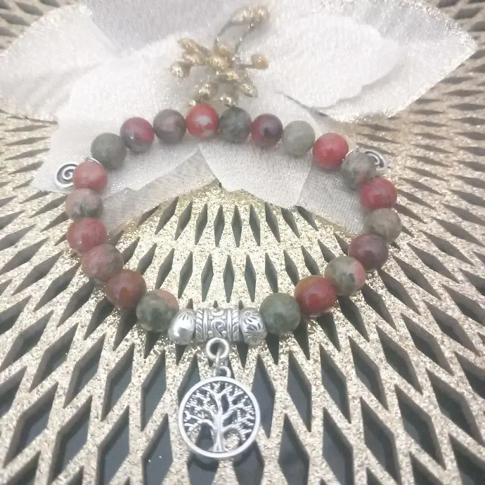 Tree of Life Bracelet - Natural Stones Red Jasper and Green Floral