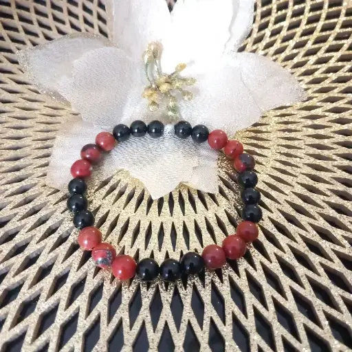 Bracelet Homme -  Pierres Naturelles Agate noire et Jasper rouge