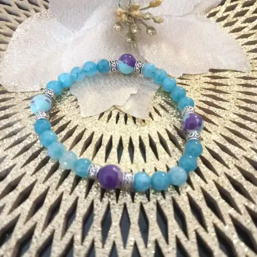 Bracelet Grecque -Pierre Naturelle  Quartz Lac Bleu  et Jaspe impérial