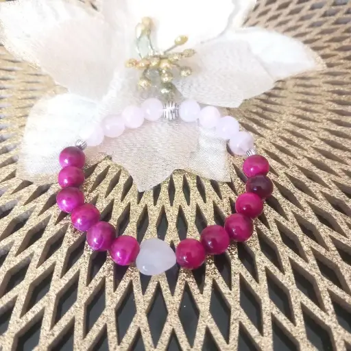 Bracelet Coeur - Pierres Naturelles  Quartz Rose et oeil de tigre Rouge