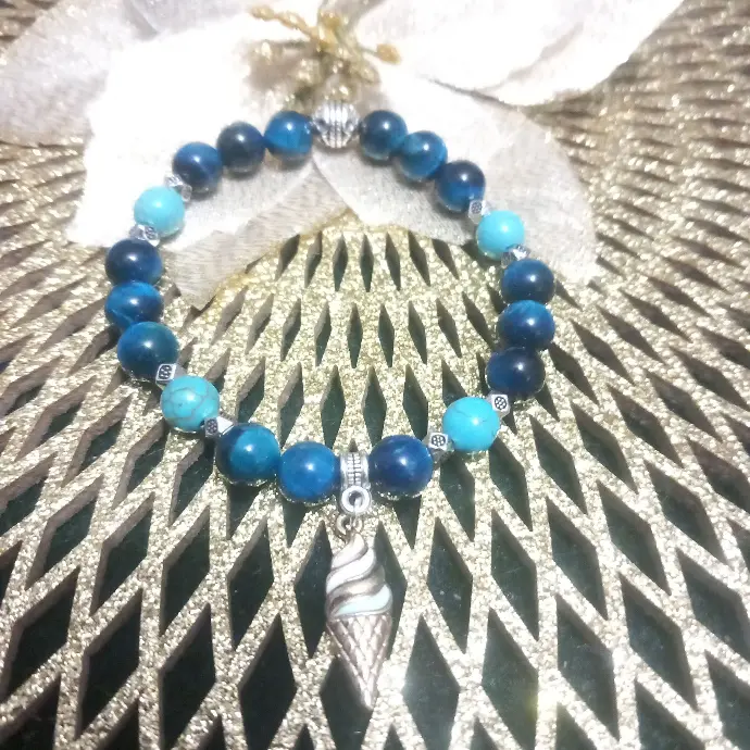 Bracelet Cornet de Glace Bleu  - Pierres Naturelles Oeil de tigre bleu et howlite turquoise