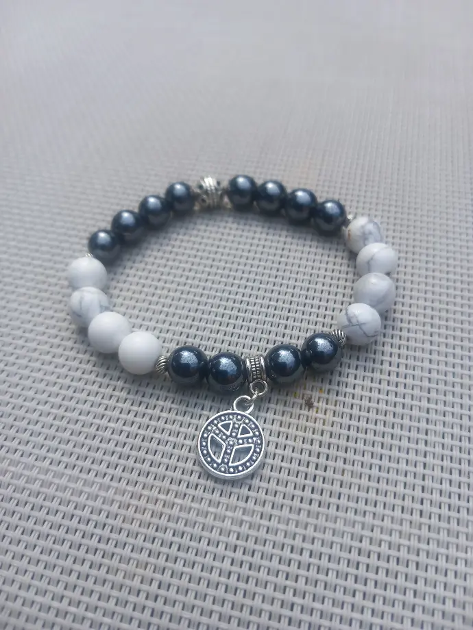 Peace And Love Bracelet - Natural Stones hematite (black) and howlite (white)