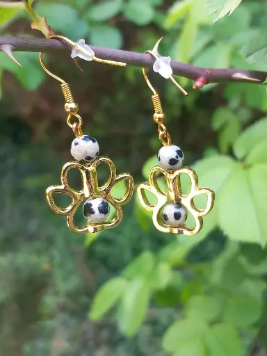 Boucles d'Oreilles Patte de Chien/Chat Jaspe Dalmatien