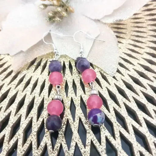 Boucles d'oreilles Simple - Lépidolite Violet et quartz rose