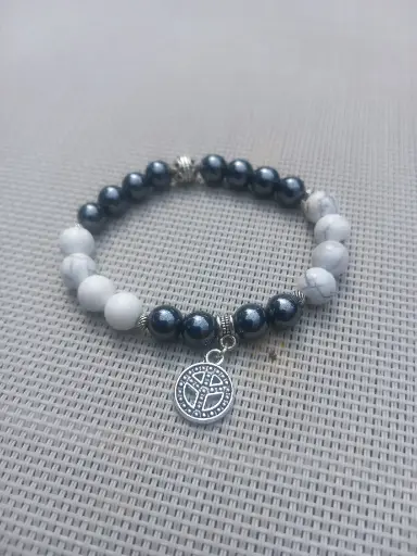 Peace And Love Bracelet - Natural Stones hematite (black) and howlite (white)