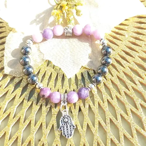 Bracelet main de fatma (Khamsa) - Pierres Naturelles hématite et lépidolite