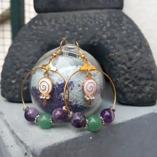 Boucles d'oreilles créoles Sucette - Pierres Naturelles Améthyste et Aventurine