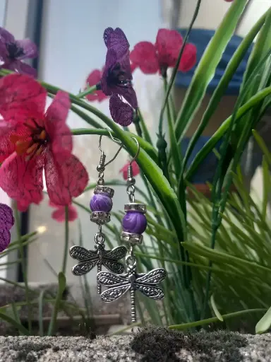 Boucles d'oreilles Libellule - Pierre naturelle améthyste et brillant