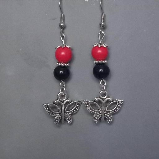 Boucles d'oreilles papillon Rouge et noir- Perles Onyx et cinabre